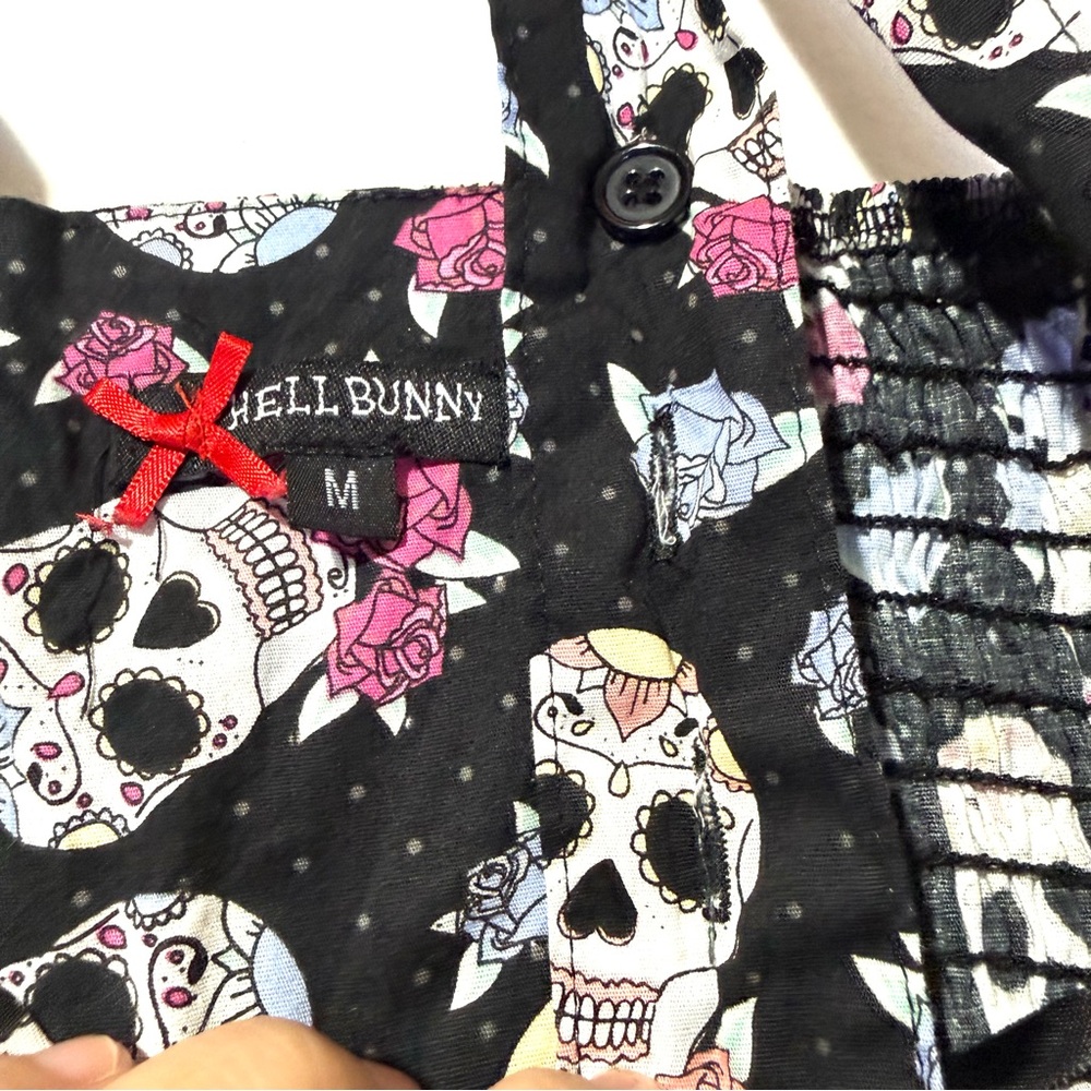 Hell Bunny Muertos 50s Style Smocked Swing Dress Dead Sugar Skull Print Ss M - Picture 9 of 12
